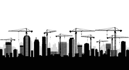 Naklejka premium Seamless Construction City Skyline Silhouette with Tower Cranes and Modern Skyscrapers Against White Background