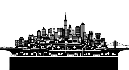 Obraz premium Black Vector City Skyline Silhouette with Dense Urban Infrastructure, Elevated Transport, Bridge, and Skyscrapers
