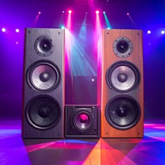 Three loudspeakers, one wood-tone, one black, and one small, sit on a reflective surface with stage lights shining