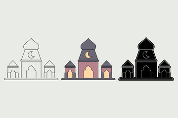 Obraz premium Illustration of a mosque in three different styles. A minimalist classic mosque with a combination of brown and black colors. Ramadan theme, vector illustration.