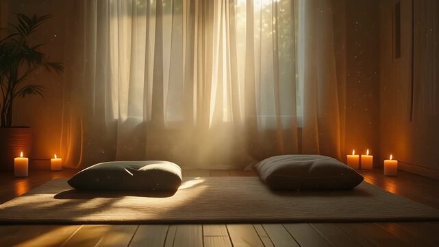 Tranquil meditation space with warm sunlight streaming through sheer curtains floor cushions and lit candles creating a peaceful atmosphere.