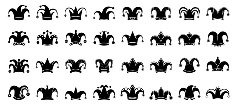 Jester hats in black clipart collection, design has a whimsical, theatrical, and festive, medieval and carnival themes, logos, icons, stickers, tattoos, carnival branding, designs, and print. 