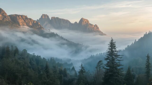 Misty mountain valley sunrise with layered peaks, conifer forest and soft mist