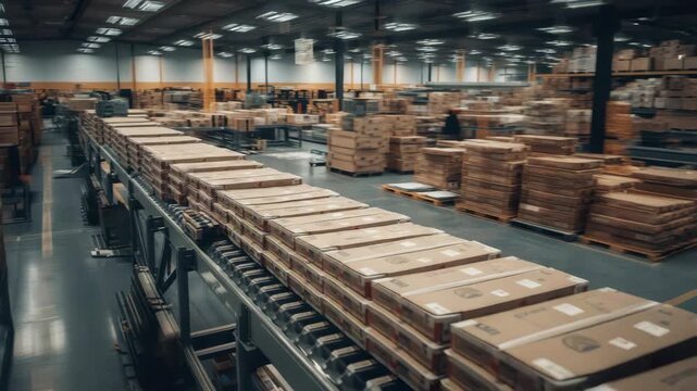 Flatpack and packed cardboard boxes conveyor busy warehouse with stacked pallets and conveyor