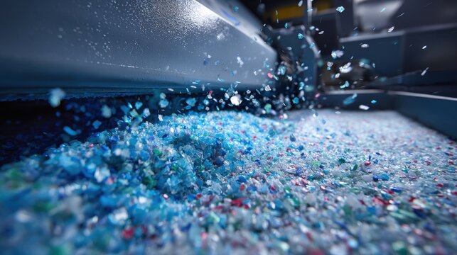 plastic flakes being cleaned and dried in processing on blurred background 