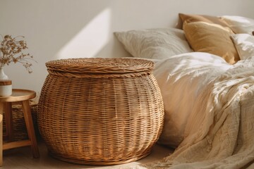Fototapeta premium A large, round wicker storage basket sits beside a bed draped in light beige linens, bathed in natural light.