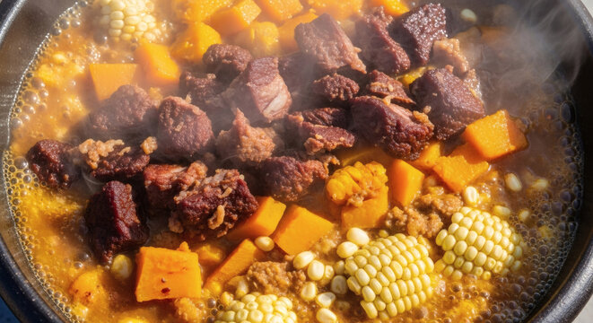 Charquican Beef Stew With Rustic Vegetables Overhead In Traditional Chilean Kitchen