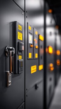 Rows of data-center server racks glow with yellow labels on metal cabinets, dim lights and reflections. softly