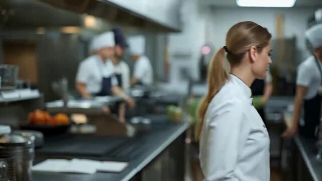 A confident chef poses in a bustling kitchen, surrounded by colleagues, showcasing professionalism and culinary expertise. recommend introduce video
