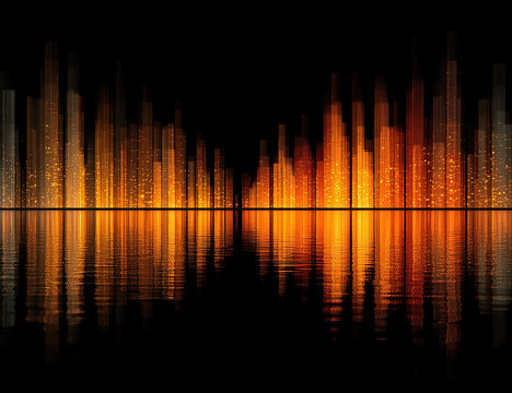 Abstract reflections in yellow and orange with motion blur on a black background with copy space.