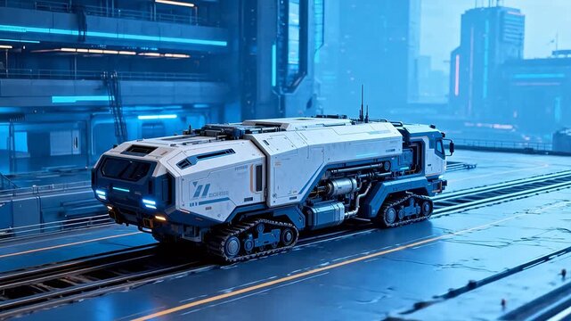 Futuristic tracked vehicle in scifi city