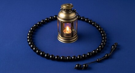 Prayer Beads and Lantern on Blue Background.
