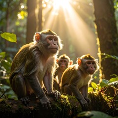 Three monkeys sit on a mossy branch in a forest with sunbeams shining through trees