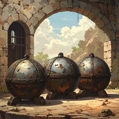 Three metallic spheres, each on three legs, stand before an arched doorway and a landscape, under a bright sky
