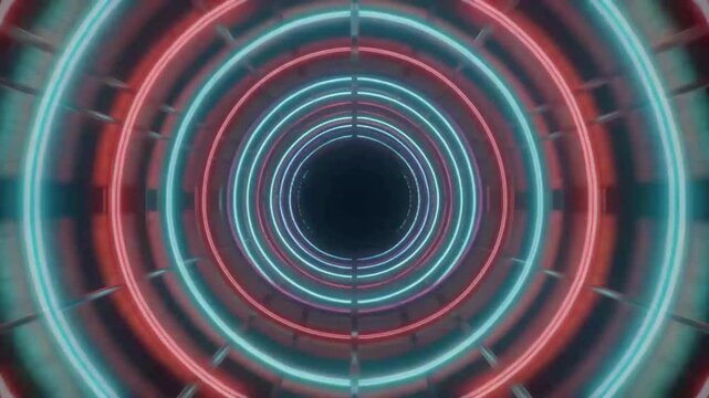 Animated tunnel visual with neon lights featuring multiple concentric circles creating a sense of depth and continuous motion in an abstract futuristic technological style.