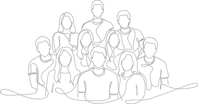 Line art illustration of a diverse group of people standing together, symbolizing unity and community