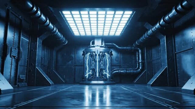 A futuristic robot stands in a dimly lit, blue-toned industrial room with metallic walls, tubes, and a grid ceiling, in a cinematic, cinematic lighting scene.