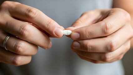 Hands holding analgesic pills against a neutral background in a clean minimal medical composition focused on pain treatment .Conceptpain.