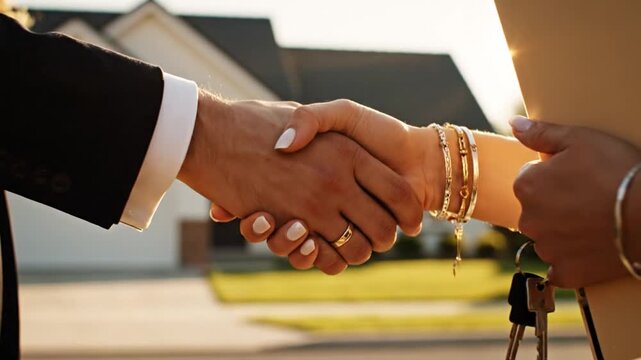 Home deal handshake at sunset.