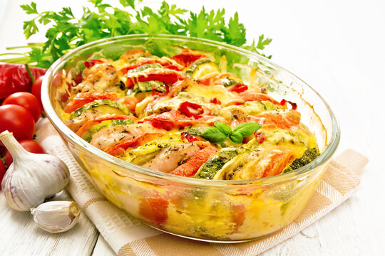 Casserole with chicken and vegetables in brazier on white board