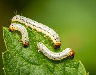 Fototapeta premium Close-up of several small, pale caterpillars on a green leaf