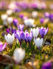 Close-up of vibrant purple and white crocuses in early sunlight