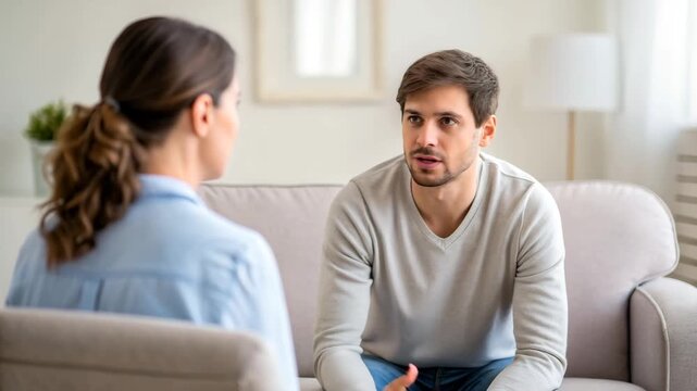 Young man and therapist in counseling session on sofa having attentive conversation and supportive therapy session with focused emotional support
