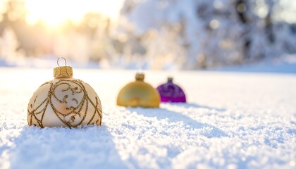 Three ornate Christmas ornaments sit nestled in snow, bathed in golden sunlight on a blurry winter day