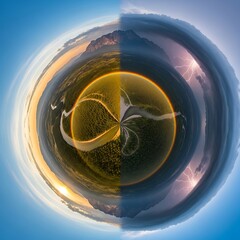 Naklejka premium Futuristic Climate Duality Spherical Little Planet View Contrasting a Rainbow Over Lush Nature with a Powerful Lightning Storm, Highlighting Environmental Extremes