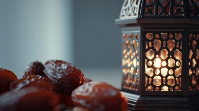 Close-up of dates next to a beautifully lit traditional Islamic lantern, evoking a sense of warmth and celebration during a religious holiday.