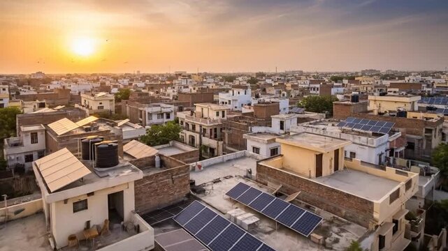 Aerial view of cityscape at sunset with solar panels on rooftops in a developing country