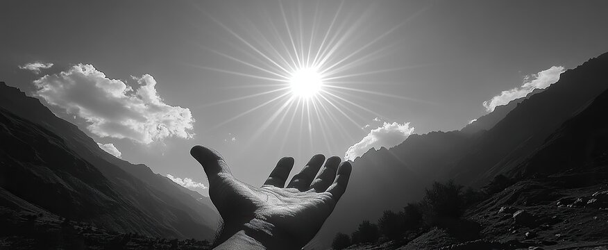 Monochromatic landscape photograph featuring a hand reaching towards a bright sun in a mountainous area, conveying a sense of hope or aspiration