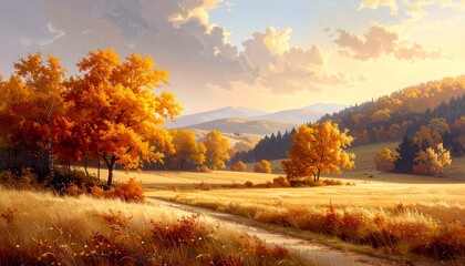 Obraz premium Serene Autumn Landscape with Trees and Hills.