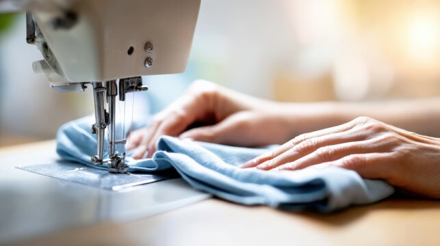 Sewing machine with presser foot area visible, light blue cotton fabric prepared for stitching, hands entering frame to suggest action