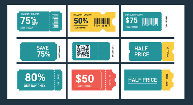 Set of colorful discount coupons and shopping vouchers with barcodes and QR codes for retail promotion isolated on grey background