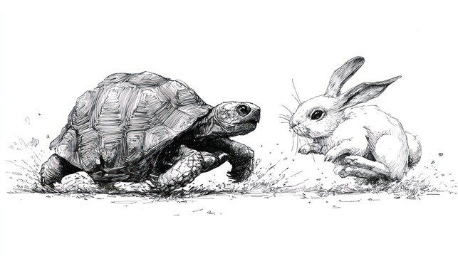 Illustration of tortoise moving toward a bunny, sketched in black and white on white ground