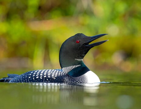 A large waterbird with a black head and white spotted feathers floating on green water