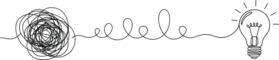 Continuous One Line Drawing of Light Bulb From Messy Tangle for Creative Idea Problem Solving Concept Minimalist Vector Illustration for Business Innovation and Inspiration