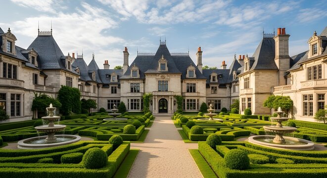 Majestic French Chateau-style luxury mansion featuring symmetrical classical architecture, limestone facade, and elaborate slate roofing. The foreground showcases a meticulously manicured formal parte
