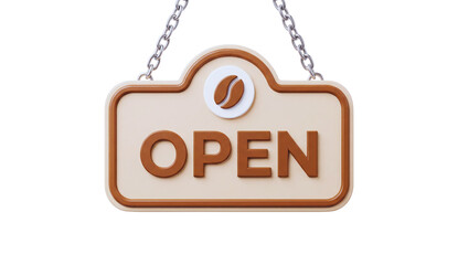 Open sign hanging on chain with coffee bean icon on white background isolated on transparent background for coffee shop or cafe signage and advertising purposes