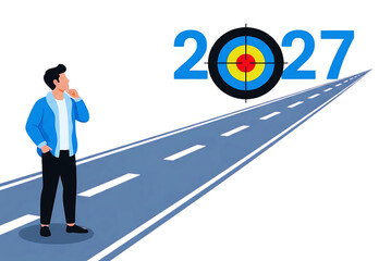 Man standing on road looking at target with year 2027 written next to it on transparent background