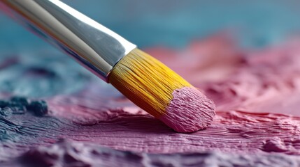 Fototapeta premium Close-Up of a Paint Brush with Pink Paint on a Colorful Palette Background, Perfect for Art and Creativity Themes