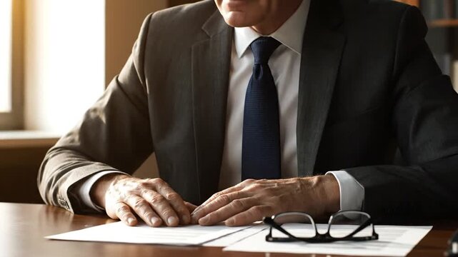 Businessman in suit at desk.