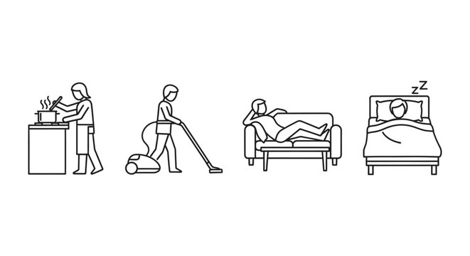 black line art of daily routines cooking vacuuming relaxing and sleeping portraying common domestic life and home activities.
