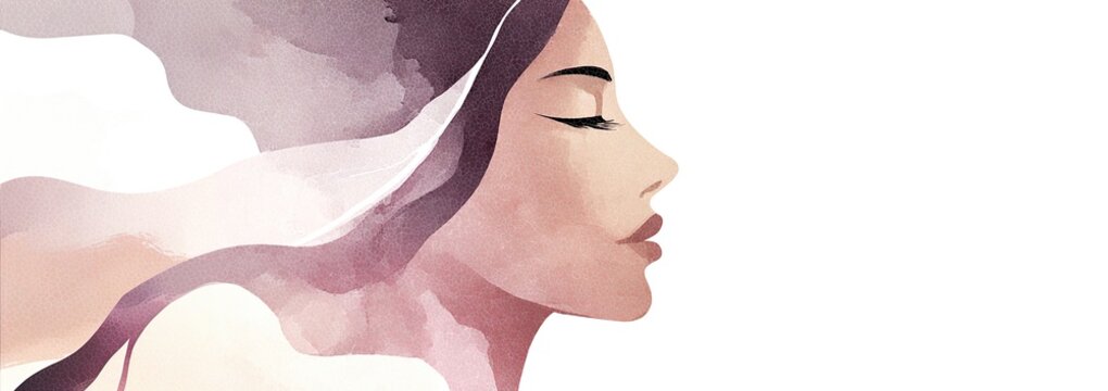Watercolor Portrait Illustration Of Woman In Profile With Flowing Hair On White Background For Beauty And Fashion Designs And Creative Projects