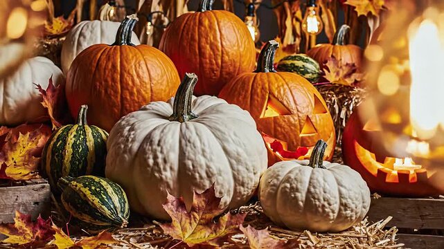 Halloween pumpkins and gourds on hay bales with autumn leaves and lights
