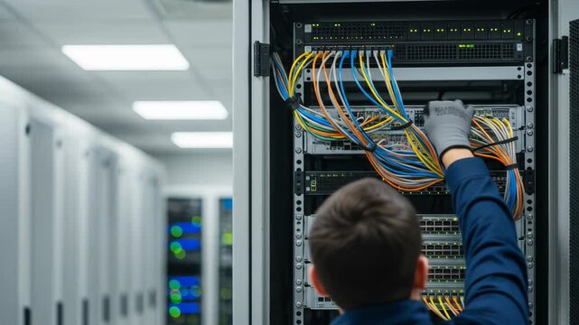 Network Engineer Connecting Cables in Data Center Server Room for Infrastructure Maintenance and Optimization