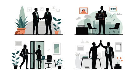 Business people silhouettes in modern flat illustration style with dark figures on light background and clean graphic design for corporate teamwork and success presentations.