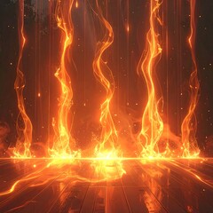 Three pillars of ethereal orange flames rise from a reflective, warm-toned surface