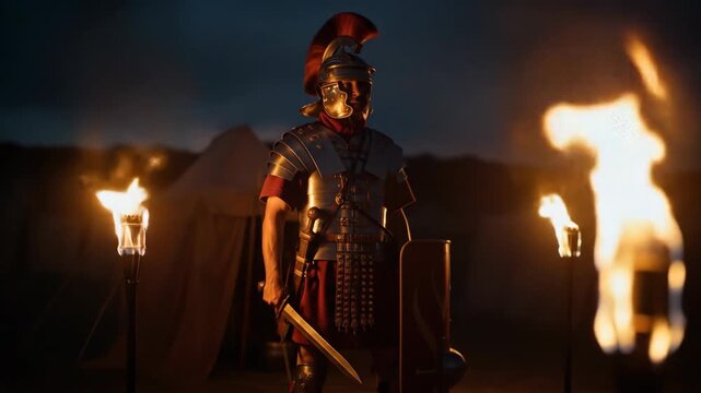 Vigilant Roman Legionary Guarding Camp at Twilight, Lit by Torchlight with Dramatic Historical Atmosphere